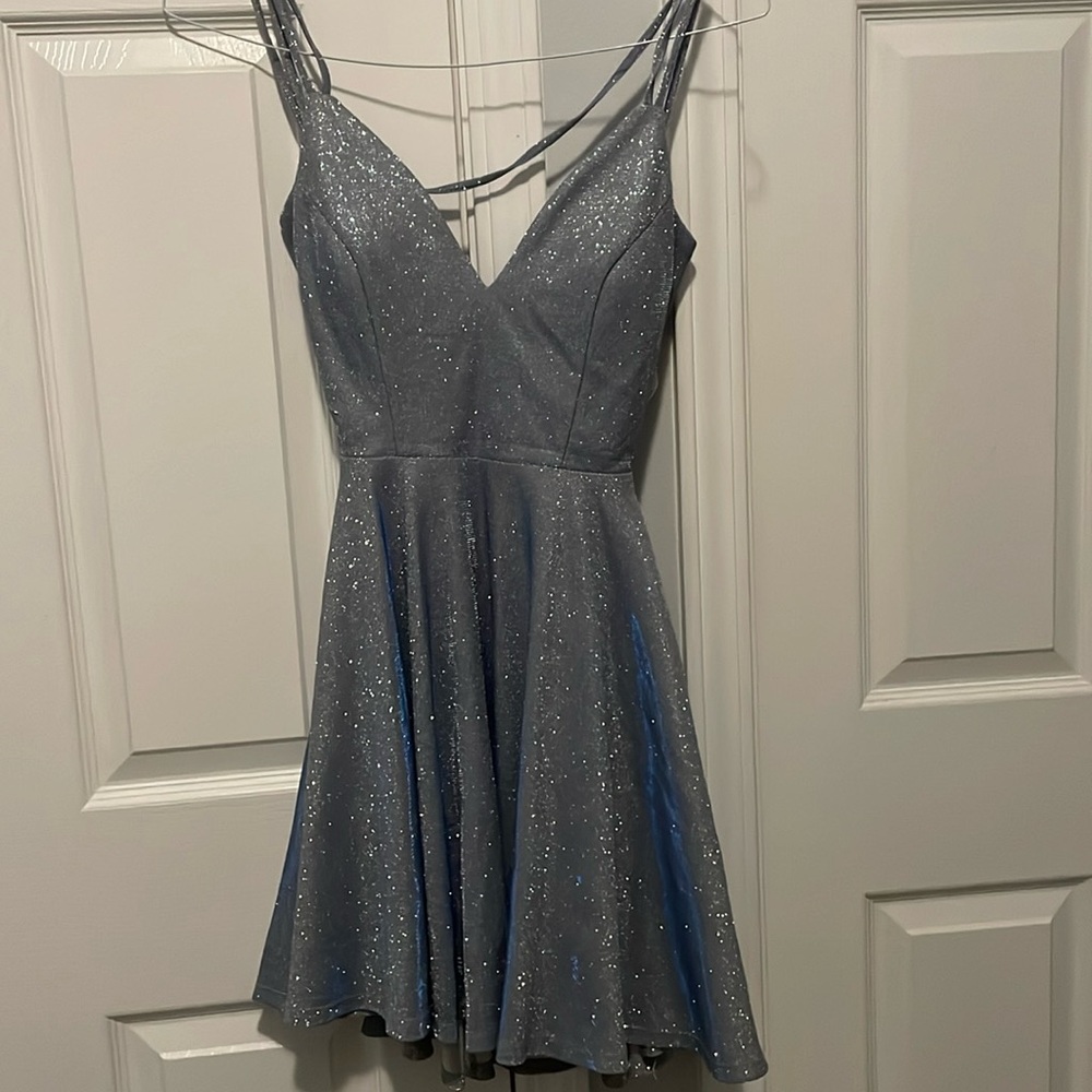 Light blue glitter skater dress cross back mini dress